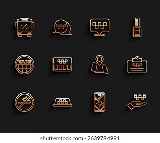 Set line No Smoking, Taxi car roof, Bus, City map navigation, Hand with taxi, Taximeter, driver license and Folded location icon. Vector