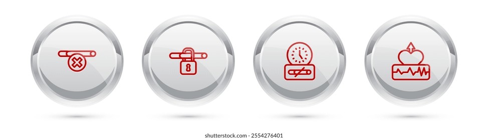 Set line No smoking, , time and Heartbeat increase. Silver circle button. Vector