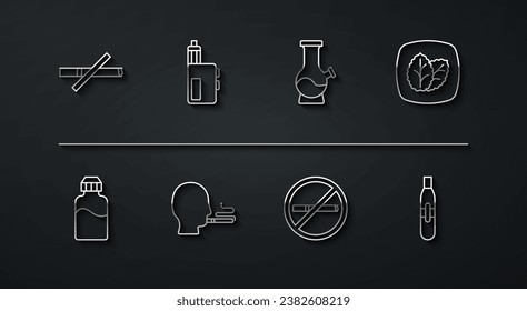 Set line No smoking, Vape liquid bottle, Tobacco leaf, Man cigarette, mod device, Electronic and Bong icon. Vector
