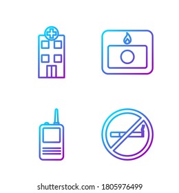 Set line No Smoking, Walkie talkie, Medical hospital building and Fire alarm system. Gradient color icons. Vector