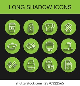 Set line No Smoking, Women waist, Coffee cup to go, Paper package for milk, Shower head, meat, Treadmill machine and Cooking pot icon. Vector