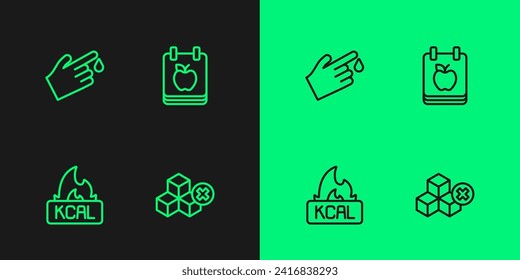Set line No sugar free, Kcal, Finger blood and Diet plan icon. Vector