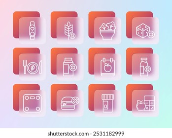 Set line No sugar free, burger, Diet plan, Vitamins, Lactose intolerance, Salad bowl, Smart watch with heart and Gluten grain icon. Vector