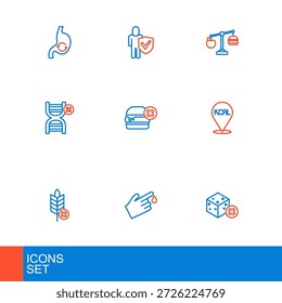 Set line No sugar free, Finger blood, Gluten grain, Kcal, GMO, burger, Calorie calculator and Healthy lifestyle icon. Vector