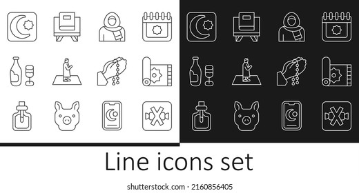 Set line No sweets, Traditional carpet, Muslim woman in hijab, prays, Wine bottle with glass, Star and crescent, Hands praying position and Holy book of Koran icon. Vector