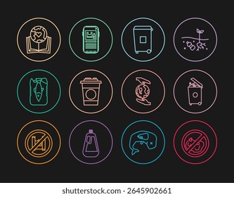 Set line No trash, Trash can, Paper glass, Stop ocean plastic pollution, Earth globe and book, Hands holding and  icon. Vector