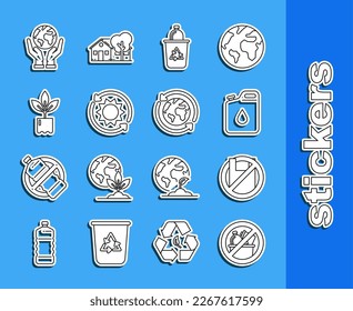 Set line No trash, Canister for gasoline, Recycle bin with recycle symbol, Solar energy panel, Plant bottle, Human hands holding Earth globe and Planet earth recycling icon. Vector