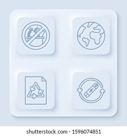 Set line No trash, Earth globe, Paper with recycle and Battery with recycle symbol line. White square button. Vector