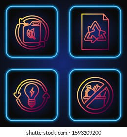 Set line No trash, Recycle and light bulb with lightning symbol, Bio fuel canister and Paper with recycle. Gradient color icons. Vector