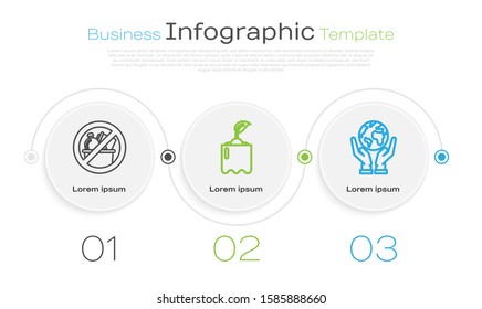 Set line No trash, Sprout in bottle and Human hands holding Earth globe. Business infographic template. Vector