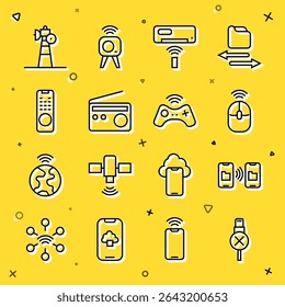Set line No usb cable cord, Data transfer and storage, Wireless computer mouse, Air conditioner, Radio, Remote control, Satellite dish and gamepad icon. Vector