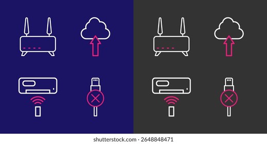 Definir linha No cabo USB, Ar condicionado, Cloud upload e Roteador e ícone de sinal wi-fi. Vetor