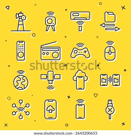 Set line No usb cable cord, Data transfer and storage, Wireless computer mouse, Air conditioner, Radio, Remote control, Satellite dish and gamepad icon. Vector
