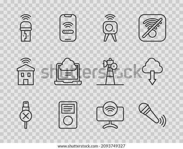 Set line No usb\
cable cord, Wireless microphone, Web camera, Music player, Usb\
wireless adapter, Network cloud connection, Smart Tv system and\
Cloud download icon.\
Vector