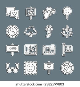 Fijar la línea Sin guerra, Bandera Paz, Marihuana, Nube de la Paz, Símbolo Yin Yang, Charla de burbuja del discurso e ícono de hongo Psilocybin. Vector
