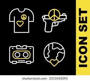 Set line No war, The heart world - love, Retro audio cassette tape and Peace t-shirt print stamp icon. Vector