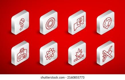 Fijar la línea No war, Sun, Speech burbubble chat, The heart world - love, Marijuana Joint, Diviff, Psilocybin champihroom, Flower and Suitcase for travel icon. Vector