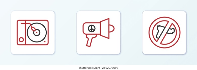 Set line No war, Vinyl player and Megaphone icon. Vector