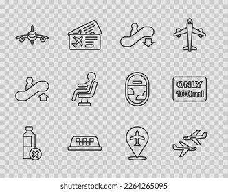 Set line No water flasche, Plane, Escalator down, Taxi-Auto-Dach, Human warten im Flughafen Terminal und Liquids Tragepäcksymbol. Vektorgrafik