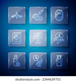 Línea Sin botella de agua, Esperando humanos en la terminal del aeropuerto, maleta, ventana del avión, señal de tráfico por carretera, pasaporte, avión y icono de tiempo de vuelo. Vector