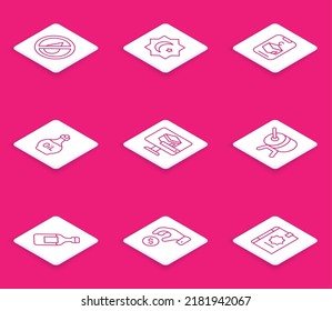 Set line No water, Octagonal star, Star and crescent, Essential oil bottle, Kaaba mosque, Ramadan drum, Bottle of and Donate or pay your zakat icon. Vector