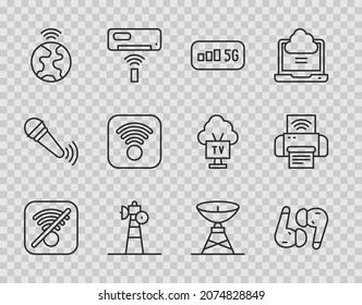 Set line No Wi-Fi wireless internet, Air headphones, 5G, Satellite dish, Global technology,  and Smart printer system icon. Vector