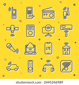 Set line No Wi-Fi wireless internet, Smart home with wi-fi, Air conditioner, Radio, Music player, Satellite, Mobile and Tv system icon. Vector