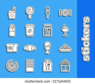 Set line Noodles in box, Asian noodles bowl, Ice cream, Coffee cup to go, Doner kebab, and chopsticks and Online ordering delivery icon. Vector