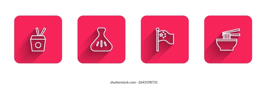 Set line Noodles in box and chopsticks, Dumpling, China flag on flagpole and Asian noodles bowl with long shadow. Red square button. Vector