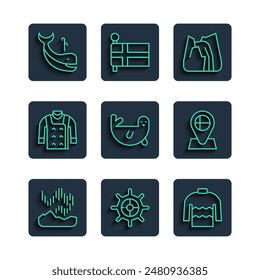 Set line Northern lights, Ship steering wheel, Sweater, Waterfall, Fur seal animal, Whale and Location flag Iceland icon. Vector