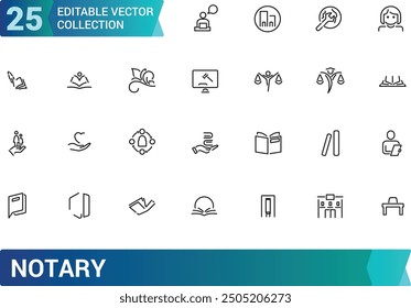 Set of line notary Icons. Collection and pack of linear web and ui icons. Editable stroke. Vector illustration.