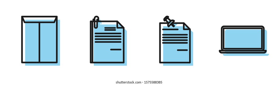 Set line Note paper with pinned pushbutton, Envelope, File document and paper clip and Laptop icon. Vector