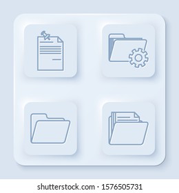 Set line Note paper with pinned pushbutton, Folder settings with gears, Document folder and Document folder. White square button. Vector