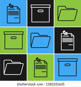 Set line Note paper with pinned pushbutton, Document folder and Carton cardboard box icon. Vector