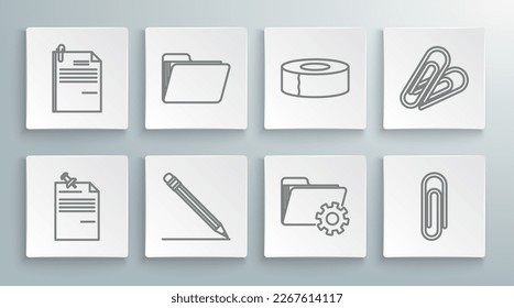 Set line Note paper with pinned pushbutton, Document folder, Pencil eraser and line, Folder settings gears, Paper clip, Scotch,  and File document icon. Vector