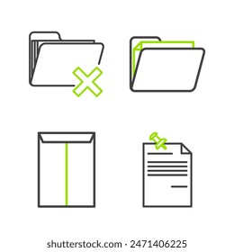 Establecer línea Papel de notas con botón fijo, sobre, carpeta de documentos e icono de Borrar. Vector