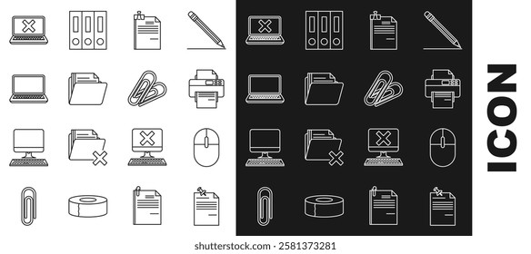 Set line Note paper with pinned pushbutton, Computer mouse, Printer, File document and binder clip, Document folder, Laptop, cross mark screen and Paper icon. Vector