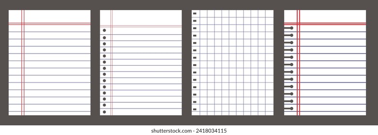 Set of line note paper for school, dairy, office. Notebook paper sheet, striped page. Realistic notebook vector. 