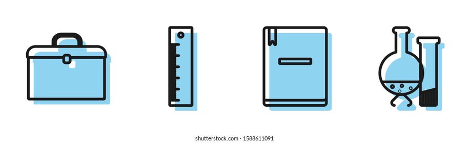 Set line Notebook, Briefcase, Ruler and Test tube and flask chemical laboratory test icon. Vector
