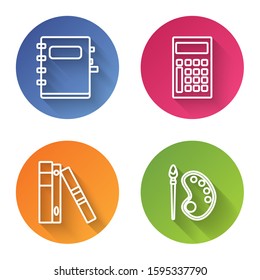 Set line Notebook, Calculator, Office folders with papers and documents and Paint brush with palette. Color circle button. Vector