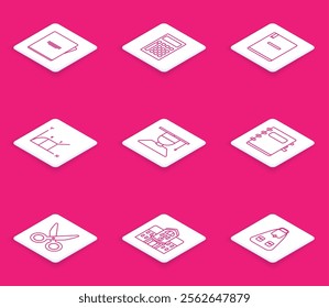 Set line Notebook, Calculator, Pie chart infographic, Graduate and graduation cap, Scissors and School building icon. Vector