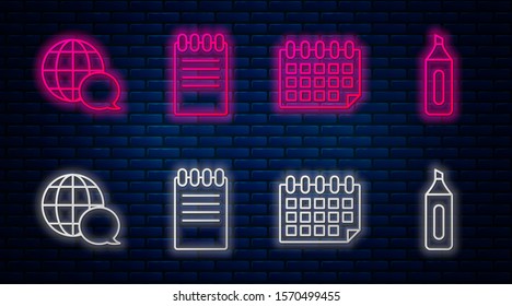 Set line Notebook, Calendar, World map made from speech bubble and Marker pen. Glowing neon icon on brick wall. Vector