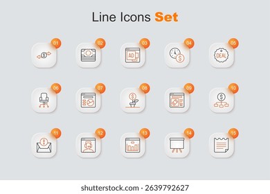 Set line Notebook, Chalkboard, Browser with stocks market, Telephone 24 hours support, Envelope, Hierarchy dollar, Online shopping screen and Dollar plant icon. Vector