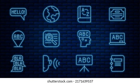 Ponga en línea el portátil, el tablero de papel, el traductor, el alfabeto, Hola en diferentes idiomas, aprendiendo el extranjero y el icono del globo terrestre. Vector