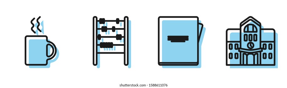 Set line Notebook, Coffee cup, Abacus and School building icon. Vector