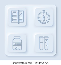 Set line Notebook, Compass, Medicine bottle and pills and Test tube and flask chemical laboratory. White square button. Vector