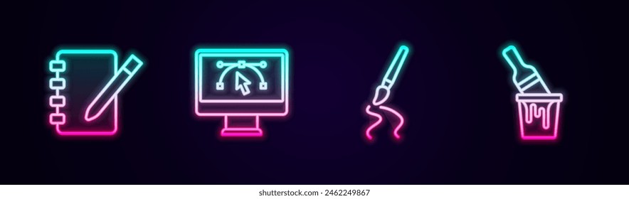 Set line Notebook, Computer with design program, Paint brush and bucket. Glowing neon icon. Vector