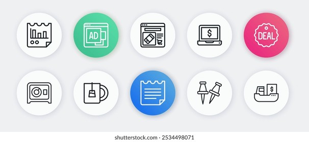 Set line Notebook, Deal, Safe, Push pin, Laptop with dollar, Online shopping on screen, Cargo ship boxes delivery and Cup of tea icon. Vector