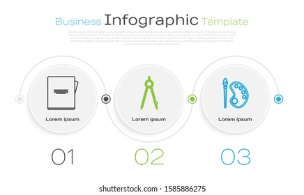 Set line Notebook, Drawing compass and Paint brush with palette. Business infographic template. Vector
