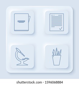 Set line Notebook, Exam sheet with check mark, Microscope and Pencil case stationery. White square button. Vector
